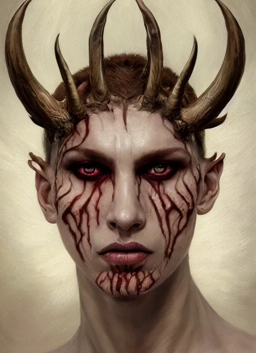 Image similar to half demon half human intricate skin pattern texture, elegant, peaceful, full body, white horns, hyper realistic, extremely detailed, dnd character art portrait, fantasy art, intricate fantasy painting, dramatic lighting, vivid colors, deviant art, artstation, by edgar maxence and caravaggio and michael whelan and delacroix.