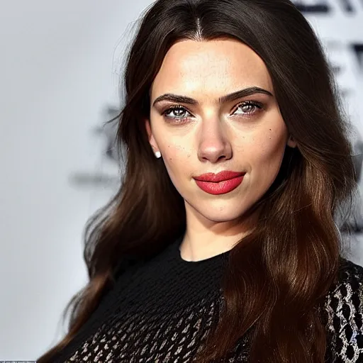 Image similar to a woman who is a genetic combination of kim kardashian and kat dennings and scarlett johansson and margot robbie and emma watson, face and upper - body focus, detailed eyes