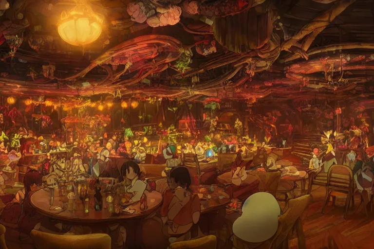 Image similar to interior wide angle shot of a fantasy cabaret in the style of studio ghibli, makoto shinkai