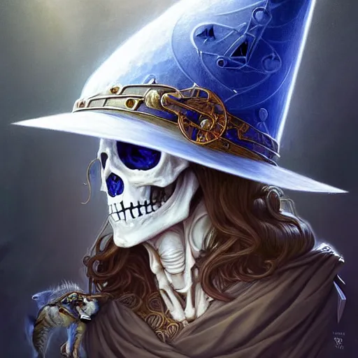 Prompt: Portrait of skeleton with a wizard hat on head, D&D, blue eyes, face, fantasy, intricate, elegant, highly detailed, digital painting, artstation, concept art, smooth, sharp focus, illustration, art by artgerm and greg rutkowski and alphonse mucha