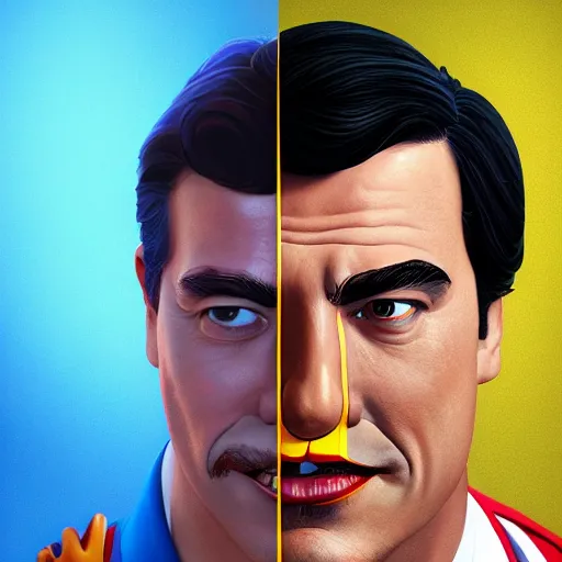 Image similar to Portrait of Pedro Sanchez, prime minister of Spain, as Ronald McDonald, mattepainting concept Blizzard pixar maya engine on stylized background splash comics global illumination lighting artstation lois van baarle, ilya kuvshinov, rossdraws