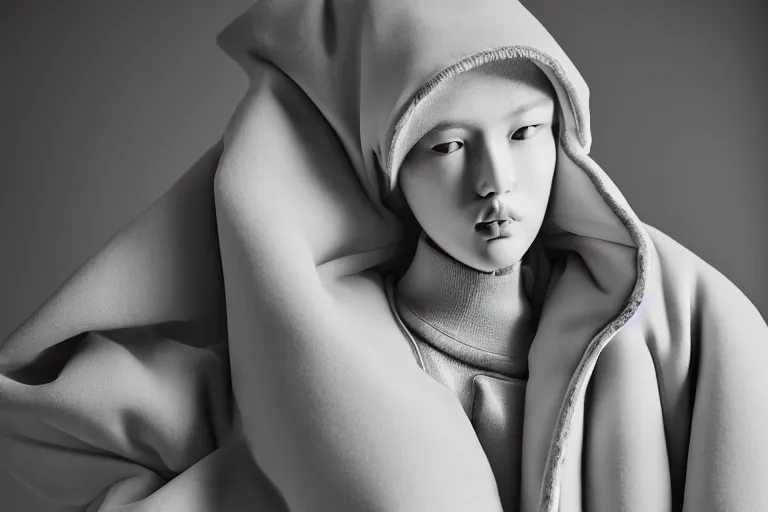 Image similar to well lit fashion shoot portrait of extremely beautiful female marble statue wearing huge over size puffer jacket by dingyun zhang, yeezy, balenciaga, vetements, a cold wall, sharp focus, clear, detailed,, cinematic, detailed, off white, glamourous, symmetrical, vogue, editorial, fashion, magazine shoot, glossy