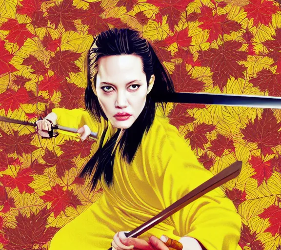 Prompt: breathtaking detailed pattern pastel colors, action scene from kill bill, with angelina jolie ( kill bill ) in yellow kimono, swinging katana sword and autumn leaves, fuji, by hsiao - ron cheng, exquisite detail, enhanced eye detail