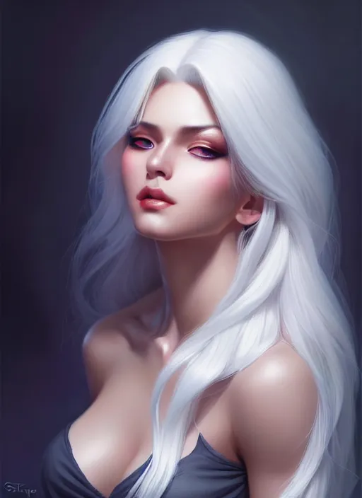 Image similar to a gorgeous female with longwhite hair in the style of stefan kostic, realistic, full body shot, wide angle, sharp focus, 8 k high definition, insanely detailed, intricate, elegant, art by stanley lau and artgerm, floating embers