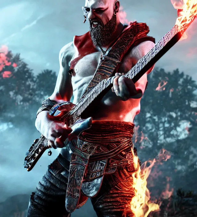 Prompt: sunglasses kratos shredding on a flaming stratocaster guitar, cinematic render, god of war 2 0 1 8, santa monica studio official media, lightning, stripe over eye