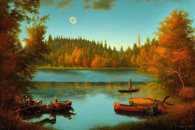 Image similar to fork lake, painted by darrell k. sweet and edd cartier, trending on artstation, moon light fish eye illustrator, bokeh, magic realism, dutch golden age, expressionism