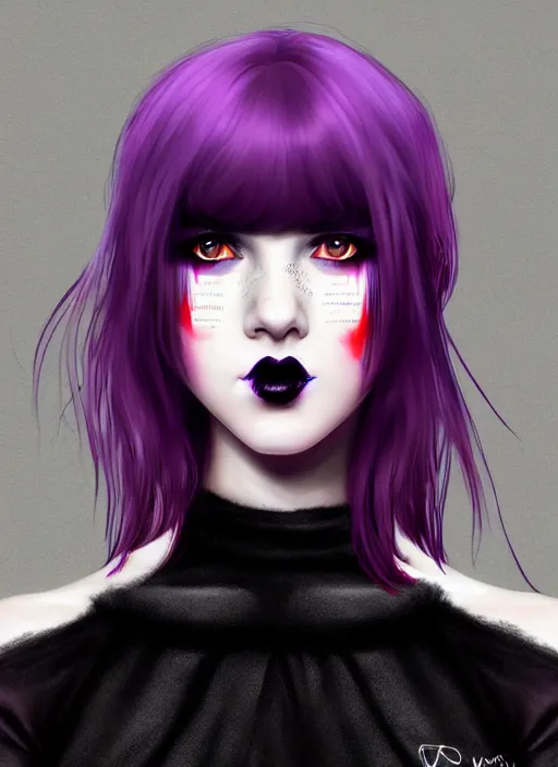 Image similar to portrait of white teenage girl, normal face, black bangs, mall goth, cyberlox, black and white hair, bangs, fluffy bangs, red contacts, purple lipstick, intricate, elegant, highly detailed, digital painting, artstation, concept art, sharp focus, smooth, illustration, art by wlop, mars ravelo and greg rutkowski