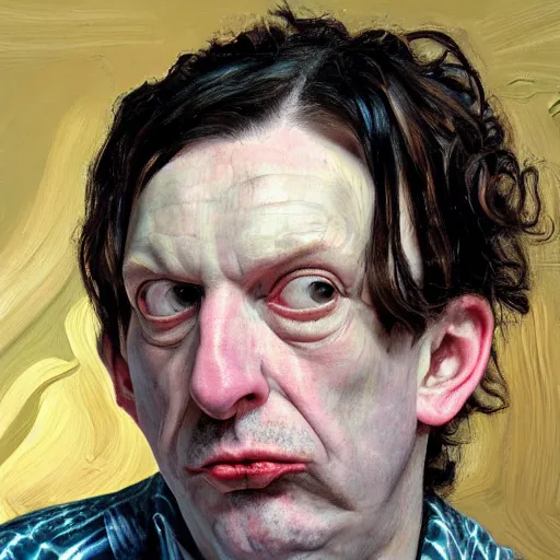 Prompt: high quality high detail painting by lucian freud, hd, portrait of gibby haynes from the butthole surfers, portrait