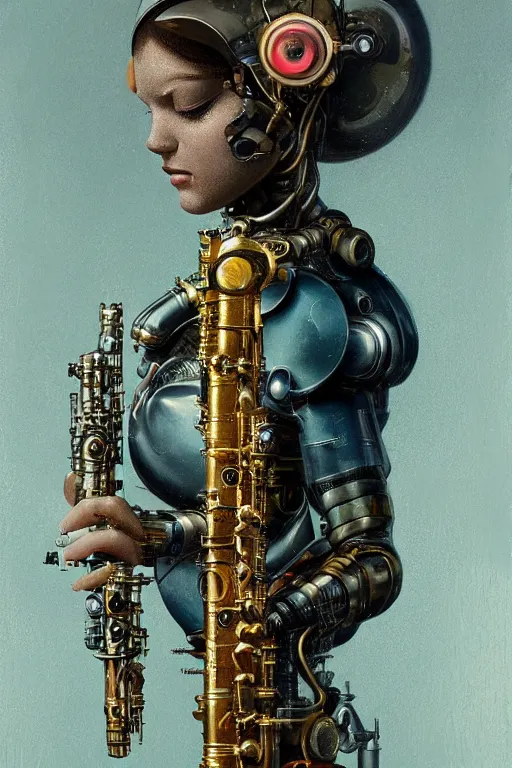 Image similar to a beautiful ultradetailed vintage photo of cyborg playing an oboe, by tom bagshaw and anna dittman, portrait, vignette, 3 5 mm lens, golden ratio composition, detailed face, studio photography, very detailed, humanoid, industrial robot, artstation, 8 k, highly coherent