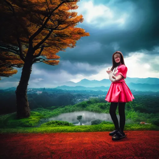 Image similar to a beautiful photograph of a girl with japan landscape in the background with trees, hdr, 8 k, high quality, sharp focus, artstation, highly detailed, award - winning, dramatic lighting, beautiful clouds, and nature