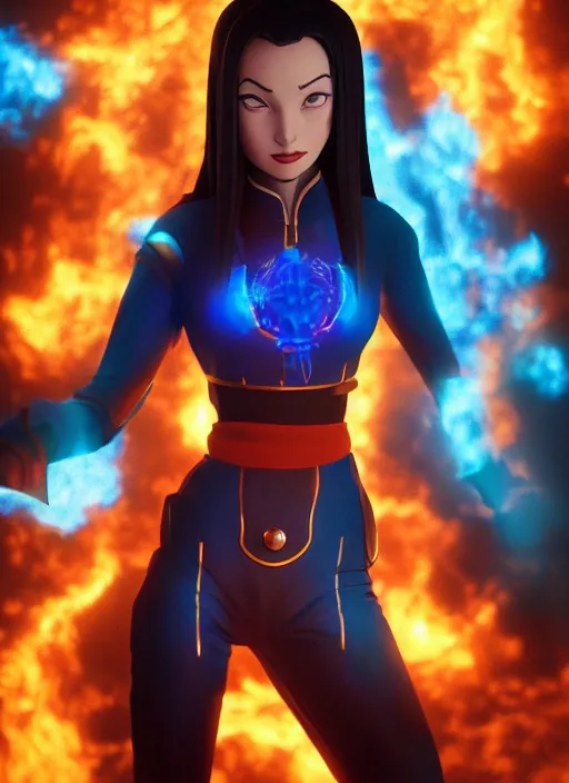 Image similar to azula from avatar the last airbender posing, blue flames, dark atmosphere, cinematic shot, intricate, ornate, photorealistic, ultra detailed, realistic, 1 0 0 mm, photography, octane, high definition, depth of field, realism, 8 k, artstation