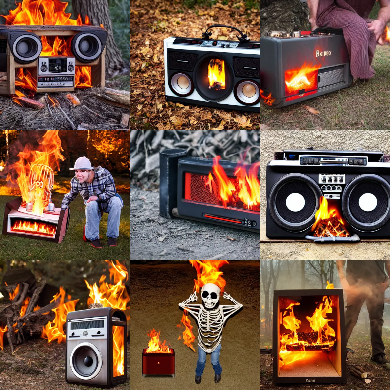 Prompt: boombox fire warming a cold skeleton