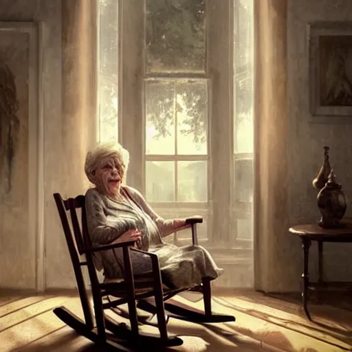 Image similar to epic cinematic hyperrealism masterpiece where a very old woman appears sitting on a rocking chair hugging a 3 year old girl both are white. realistic poster with shaded lighting by craig mallismo, artgerm, jeremy lipkin and michael garmash, unreal engine, radiant light, detailed and complex environment, digital art, art station trends