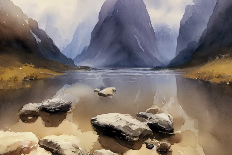 Prompt: watercolor painting of small cold river, reflections, shallow mountains and dramatic swirling clouds, mythological art by hans gude, ambient lighting and shadows, art by hans dahl, by jesper ejsing, art by anders zorn, wonderful masterpiece by greg rutkowski, cinematic light, american romanticism by greg manchess, creation by tyler edlin