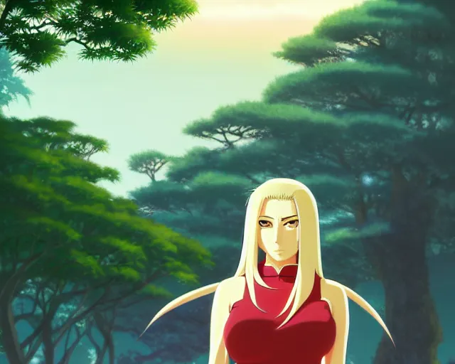 Image similar to lady tsunade senju, park in background, bokeh. anime masterpiece by Studio Ghibli. illustration, sharp high-quality anime illustration in style of Ghibli, Ilya Kuvshinov, Artgerm
