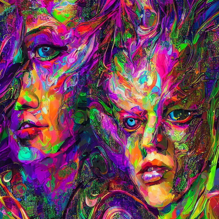 Image similar to hyper-maximalist overdetailed half portrait half collage slightly abstract pesudofigurative digital illustration by archan nair feat hakan hisim inspired by works of android jones. Pschedelic visionary artwork.