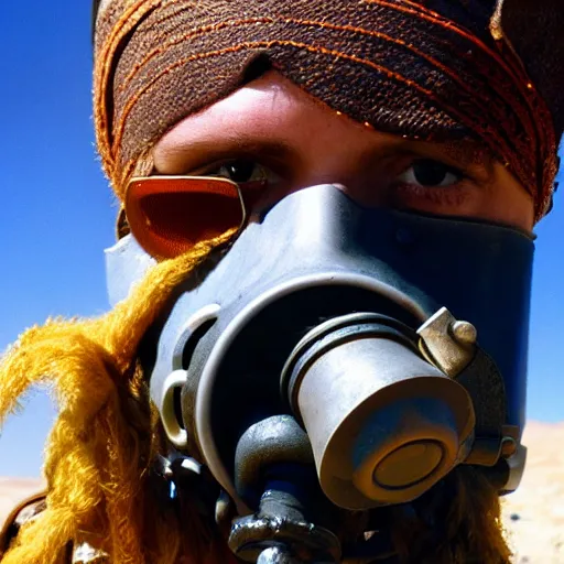 Image similar to pirate wearing a gasmask, in the desert, film still, 8 k