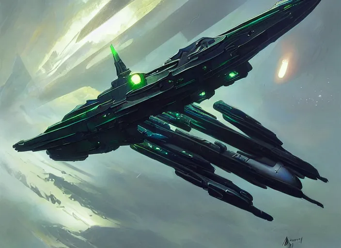 Image similar to A Gallente battlecruiser spaceship made of green reflective metal from Eve-online, gorgeous, beautiful, sci-fi, extremely detailed, digital painting, artstation, concept art, smooth, sharp focus, illustration, intimidating lighting, incredible art by artgerm and greg rutkowski and alphonse mucha and simon stalenhag