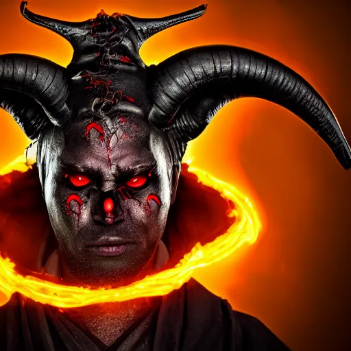 Image similar to portrait of the dark lord with horns, consumed by the dark powers, red eyes, wearing a robes, highly detailed, photography, 8k