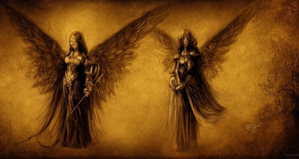 Prompt: character concept sheet of an angel knight gothic girl. by ( rembrandt painting ( 1 0 0 ) ( fractal flame ) ), highly detailded