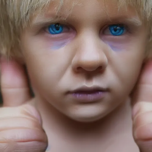 Image similar to portrait of a boy with his hand on his face, extremely realistic and real, photorealistic, blonde hair and blue eyes, detailed facial structure, real eyes that are detailed