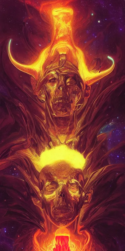 Image similar to intense glowing egyptian god with horns and intense black eyes with a skull on fire in very dark cosmic nebula by artgerm and beksinski and alphonse mucha, portrait, fantasy, clear, light beams, lens flare, intense, uhd, amazing depth, cinematic lighting, black and purple and shining gold