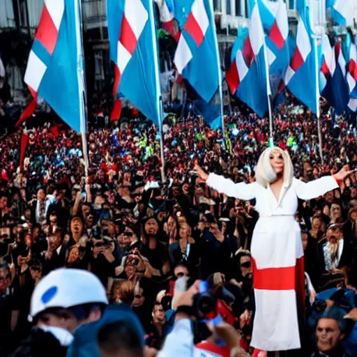 Image similar to Lady Gaga as president, Argentina presidential rally, Argentine flags behind, bokeh, giving a speech, detailed face, Argentina