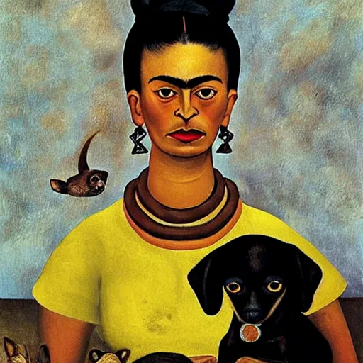 Image similar to a woman and her black and brown chihuahua by frida kahlo