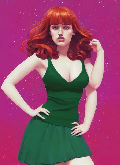 Image similar to full body portrait of teenage cheryl blossom, chubby, bangs, green eyes, sultry expression, red hair, sultry smirk, bangs and wavy hair, pink skirt, fat, intricate, elegant, glowing lights, highly detailed, digital painting, artstation, concept art, smooth, sharp focus, illustration, art by wlop, mars ravelo and greg rutkowski