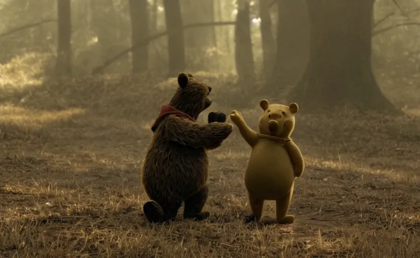 Prompt: a still of winnie the pooh in there will be blood ( 2 0 0 7 ), cinematic, very detailed, 8 k,