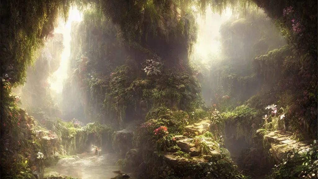 Image similar to hidden in the stone cavern is a secret garden. andreas achenbach, artgerm, mikko lagerstedt, zack snyder, tokujin yoshioka