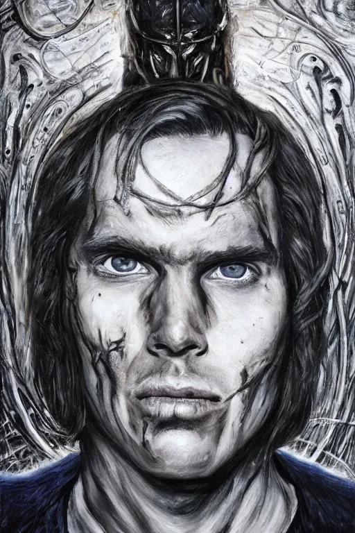 Image similar to portrait of streamer jerma 9 8 5!!, jeremy elbertson, painting by h. r. giger, lovecraftian horror, strands of being, metal album cover, high detail, sharp, sus guy, human figure, permanent bond between metal and man, still image of twitch stream, facecam