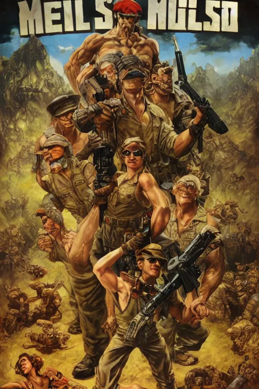 Prompt: Movie poster of Metal Slug 3, Highly Detailed, Dramatic, eye-catching, A masterpiece of storytelling, by frank frazetta, ilya repin, 8k, hd, high resolution print