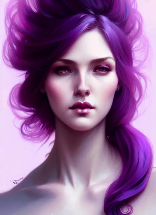 Image similar to Purple hair, creative colouring Portrait of woman, fashion, intricate, elegant, highly detailed, digital painting, artstation, concept art, smooth, sharp focus, illustration, art by artgerm and greg rutkowski and alphonse mucha