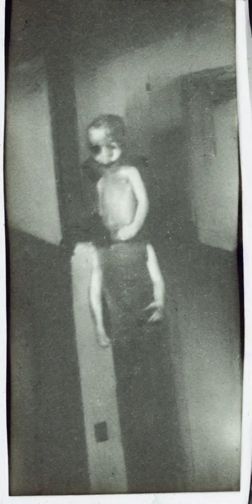 Prompt: found polaroid photo of a pale creepy cryptid in a musty basement with very long fingers