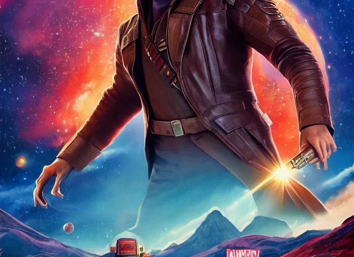 Image similar to a very high resolution image from a new movie, starlord. in a room full of posters and vinyls. mountains, directed by wes anderson