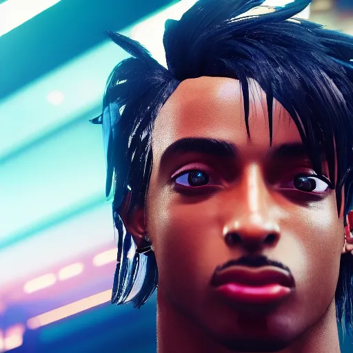 Image similar to a videogame still of Playboi Carti in Tekken 7, portrait, 40mm lens, shallow depth of field, close up, split lighting, cinematic, 2022