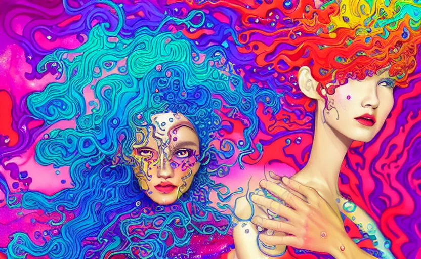 Image similar to a digital painting of a woman with colorful hair made of curly and splashing liquid and bubbles, intricate mechanical details, futuristic, a pop art painting by tomokazu matsuyama, behance contest winner, psychedelic art, psychedelic, 2 d, digital illustration, trending on artstation, anime stylized, accurate fictional proportions, high delicate defined details, ethereal lighting