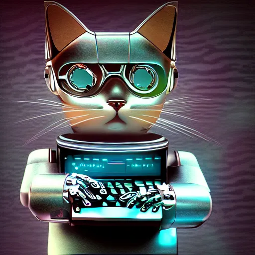 Image similar to a metallic robotic cyborg cat eating!!! a computer mouse, cyberpunk, digital art, 8 k, trending on artstation