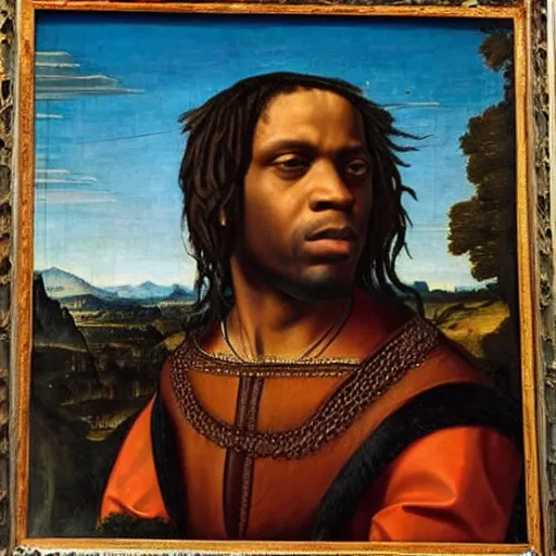 Image similar to a renaissance portrait painting of chief keef by giovanni bellini painting on a building in downtown chicago