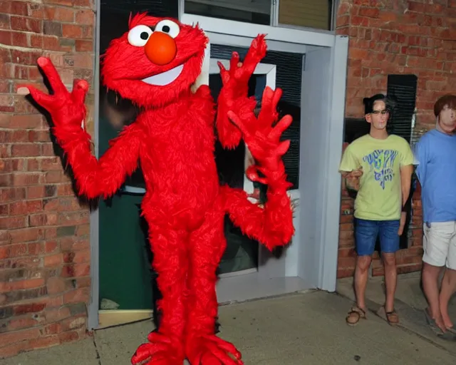 Prompt: elmo with long, slim arms, horror, slenderman, terror