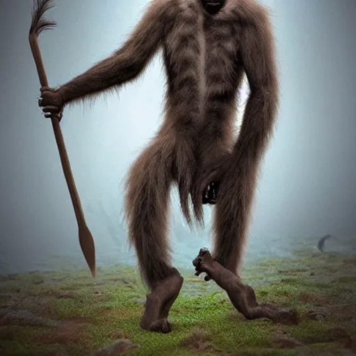 Image similar to “tall Goblin Bigfoot human hyena hybrid with a hyena face and mange holding a spear, jungle background, sickly, realistic, nature photography”