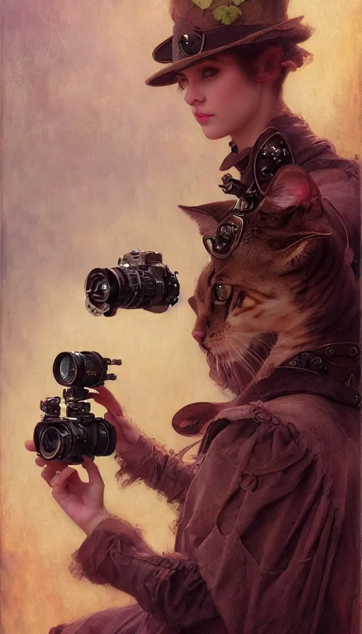 Image similar to hyper realistic photographer taking a picture of a cat, magical, steampunk, painted by tom bagshaw, mucha, gaston bussiere, craig mullins, j. c. leyendecker 8 k