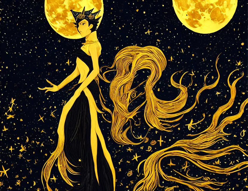 Prompt: moon priestess. gouache and gold leaf by award - winning mangaka, chiaroscuro, bokeh, backlighting, field of depth