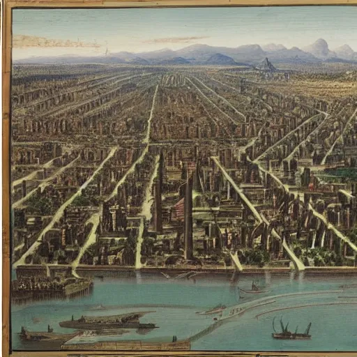 Image similar to New York City in 1750,viewed by a soldier, in the style of the Hudson River School