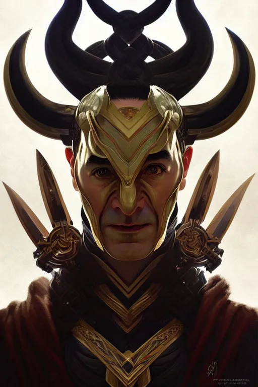 Image similar to symmetry!! portrait of loki in the style of god of war, machine parts embedded into face, intricate, elegant, highly detailed, digital painting, artstation, concept art, smooth, sharp focus, illustration, art by artgerm and greg rutkowski and alphonse mucha, 8 k