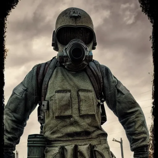 Image similar to Photo realistic render, 8K UHD, gasolinepunk style, forced perspective: ( background = gasolinepunk city, trending on artstation+ background detail = gasolinepunk architecture, high detailed, large depth of field) + (subject= dieselpunk WW1 soilder + subject detail= gas mask, dirty armored suit , muddy ,cool pose, accurate body features, high level body suit, high detailed light refraction , high level texture render)