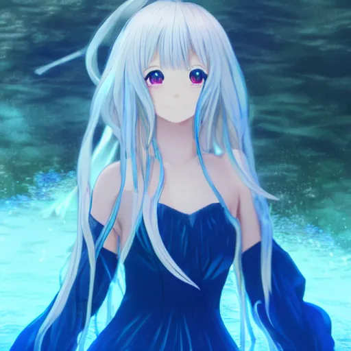 Image similar to a very beautiful anime girl wearing a dress made of water standing in a crystal lake , full body, long white hair with azure blue highlights blending into the dress , azure blue watery eyes, full round face, seductive over the shoulder glances , lens flare, cinematic lighting, medium shot, mid-shot, highly realistically detailed, trending on artstation, Unreal Engine 4k, Stanley Artgerm Lau, WLOP, Rossdraws, James Jean, Andrei Riabovitchev, Marc Simonetti, and Sakimichan