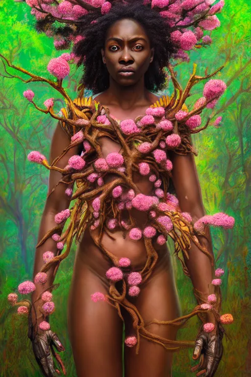 Image similar to hyperrealistic post - renaissance cinematic super expressive! yoruba goddess with exoskeleton armor, merging with tree in a forest, pink orange flowers, highly detailed concept art masterpiece, smooth cam de leon eric zener dramatic pearlescent soft teal light, ground angle hd 8 k, sharp focus