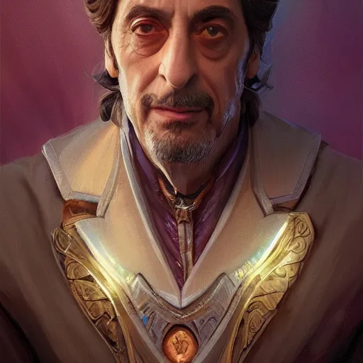 Image similar to Al Pacino , D&D, fantasy, intricate, elegant, highly detailed, digital painting, artstation, concept art, matte, illustration, hearthstone, art by Artgerm and Greg Rutkowski and Alphonse Mucha, Simon Stalenhag, hyperreal